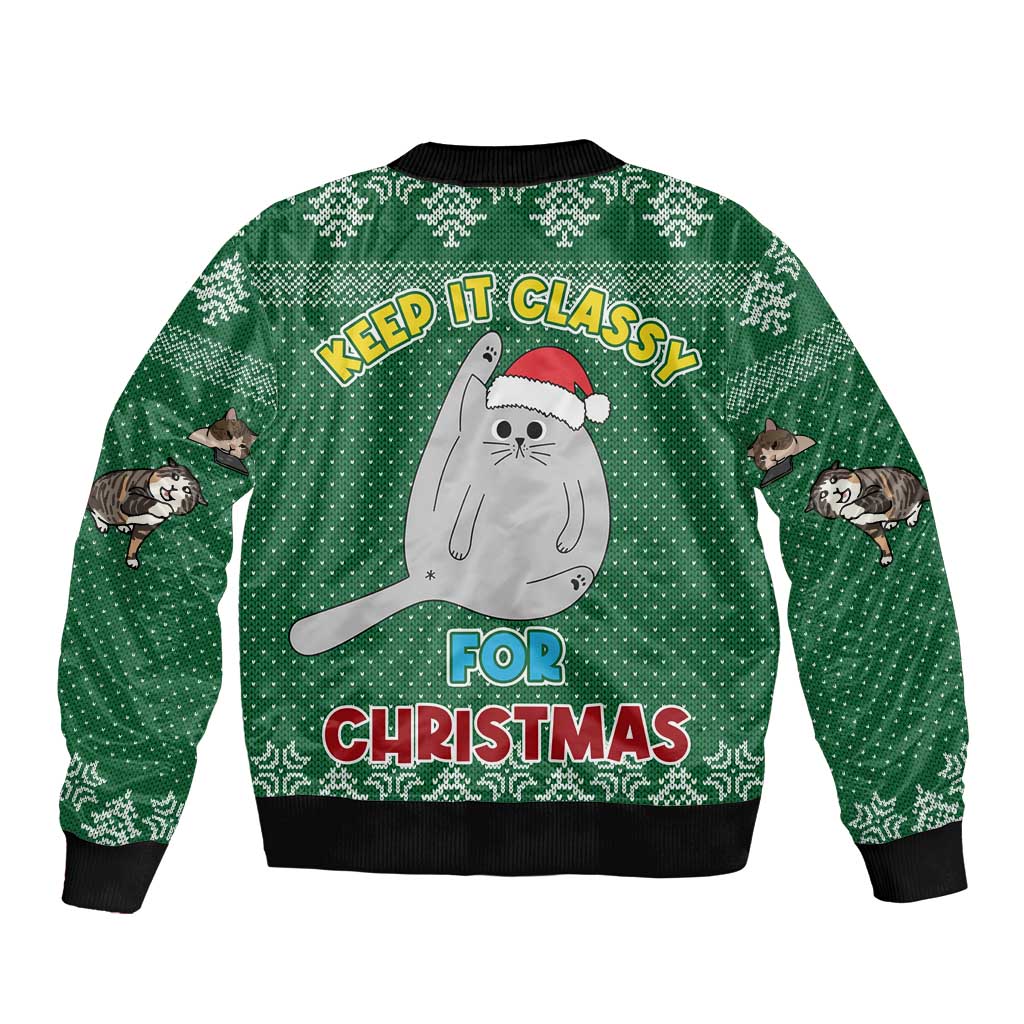 Cat Keep It Classy Christmas Sleeve Zip Bomber Jacket Xmas Holiday Patterns - Wonder Print Shop