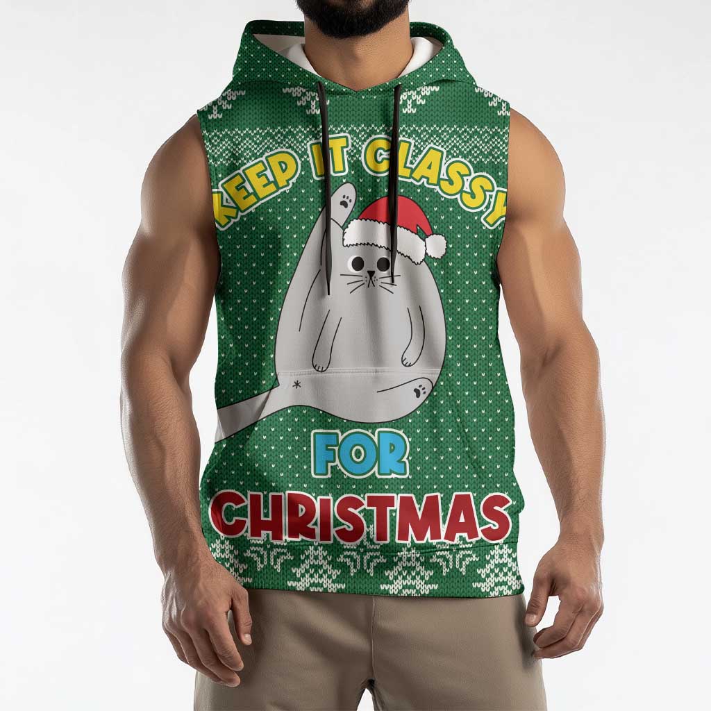 Cat Keep It Classy Christmas Sleeveless Hoodie Xmas Holiday Patterns - Wonder Print Shop