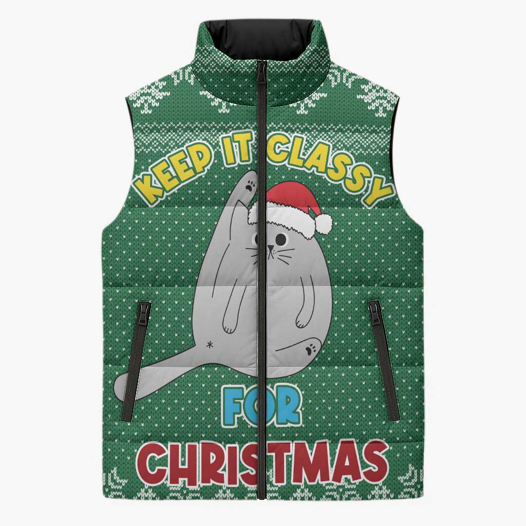 Cat Keep It Classy Christmas Sleeveless Puffer Jacket Xmas Holiday Patterns - Wonder Print Shop