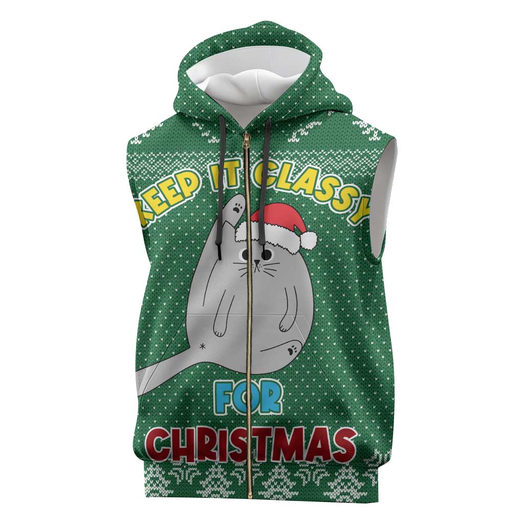 Cat Keep It Classy Christmas Sleeveless Zip Hoodie Xmas Holiday Patterns - Wonder Print Shop