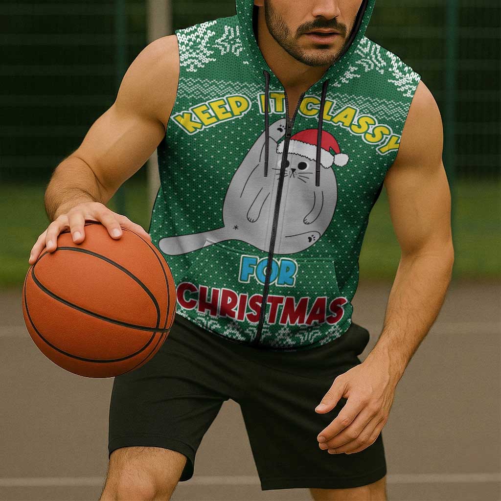 Cat Keep It Classy Christmas Sleeveless Zip Hoodie Xmas Holiday Patterns - Wonder Print Shop