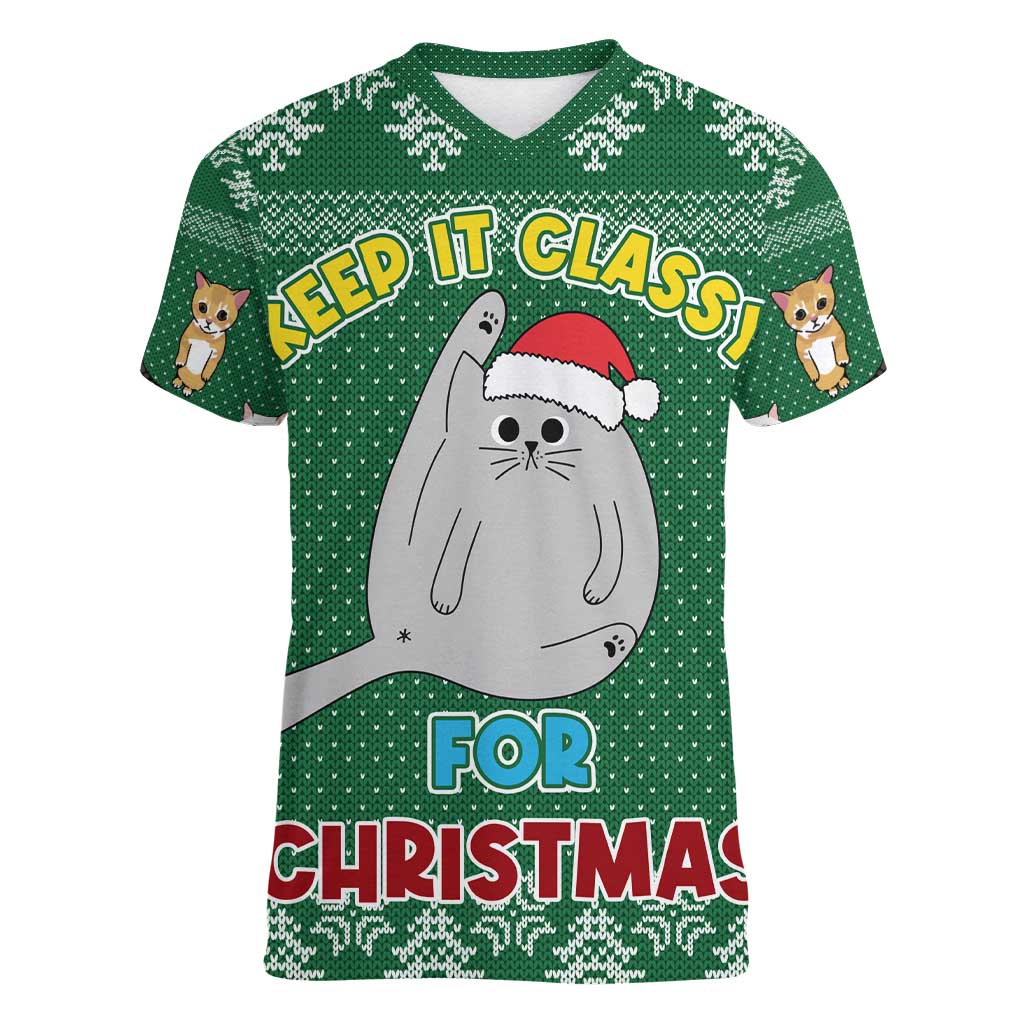 Cat Keep It Classy Christmas Women V-Neck T-Shirt Xmas Holiday Patterns - Wonder Print Shop