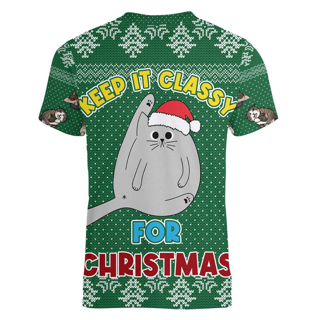 Cat Keep It Classy Christmas Women V-Neck T-Shirt Xmas Holiday Patterns - Wonder Print Shop