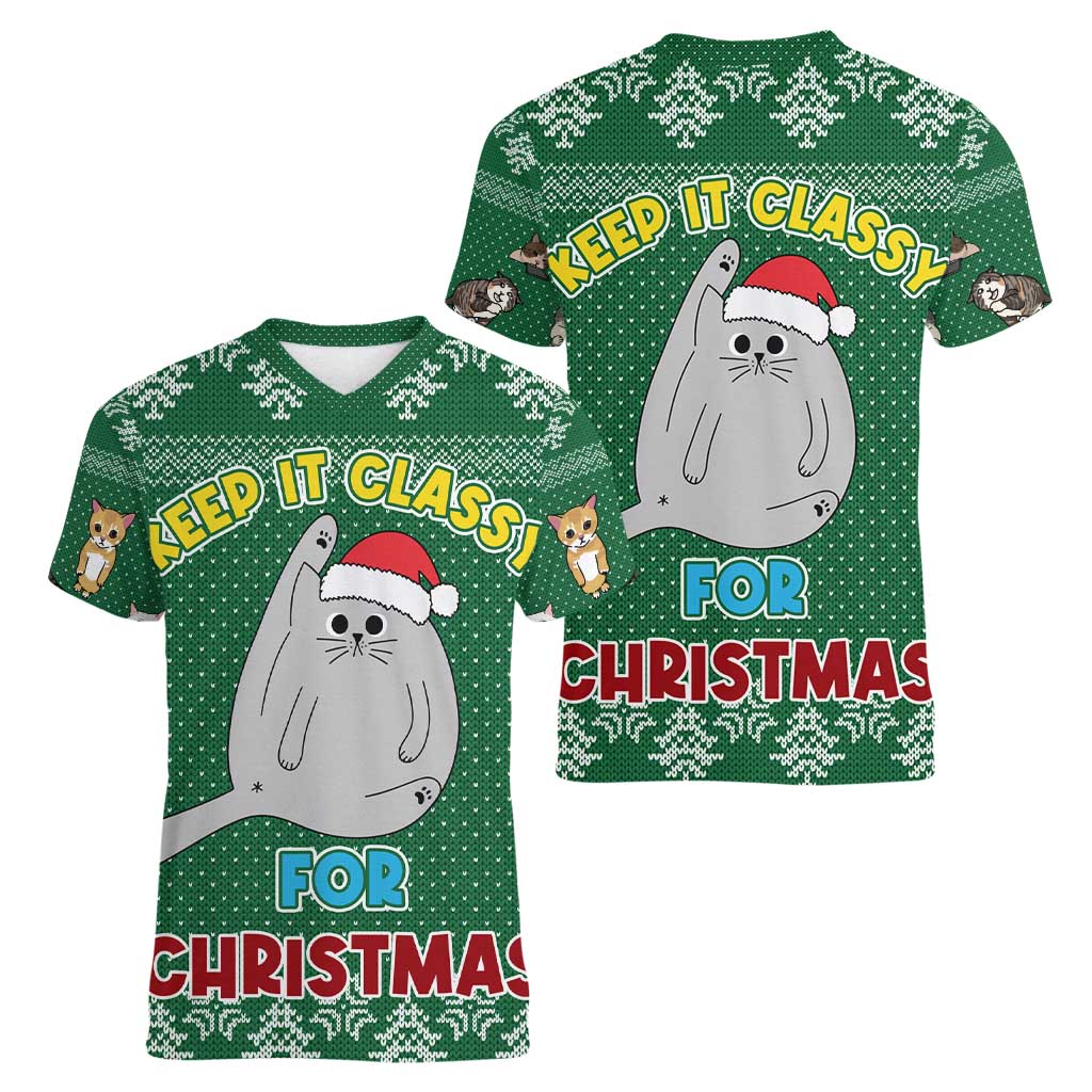 Cat Keep It Classy Christmas Women V-Neck T-Shirt Xmas Holiday Patterns - Wonder Print Shop