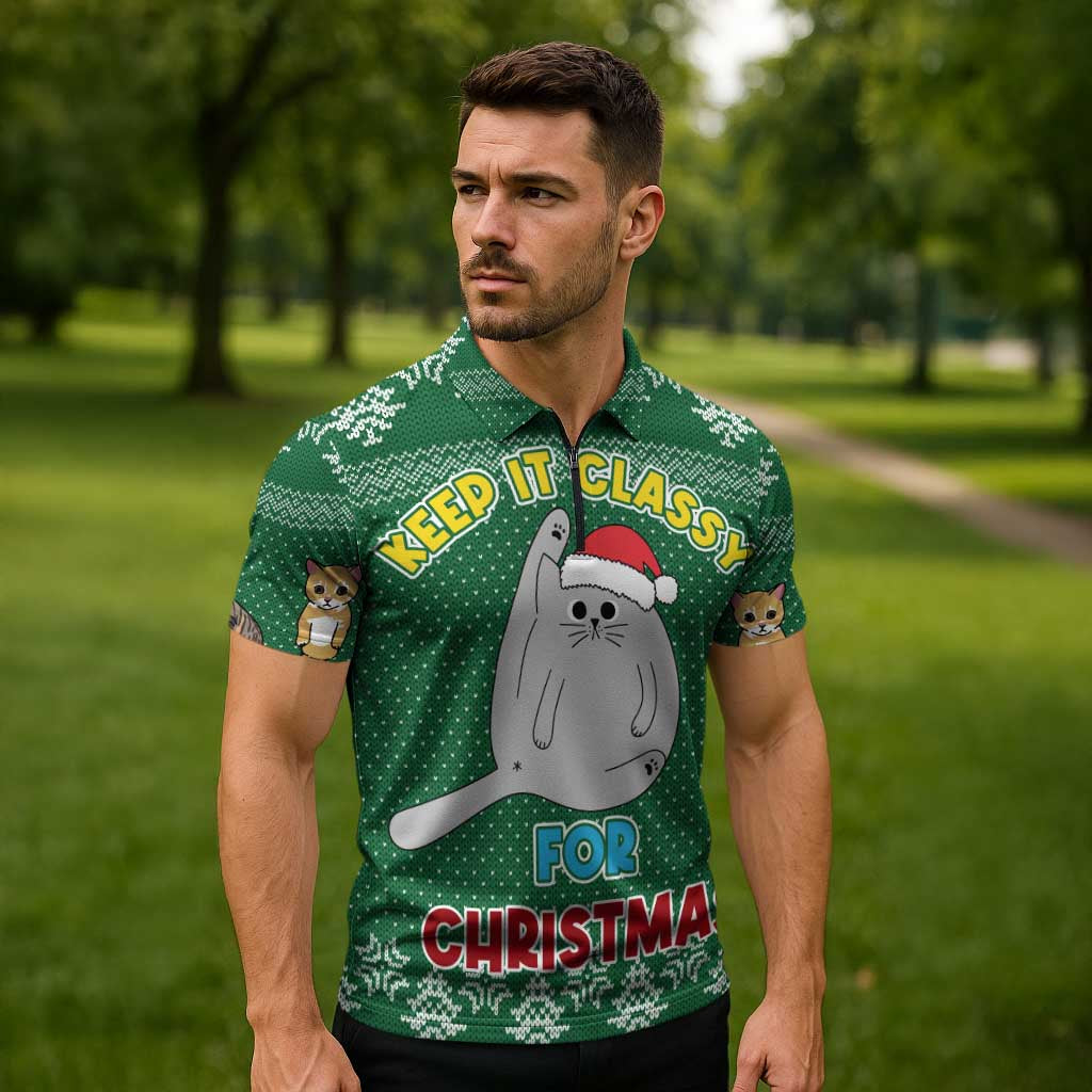 Cat Keep It Classy Christmas Zipper Polo Shirt Xmas Holiday Patterns - Wonder Print Shop