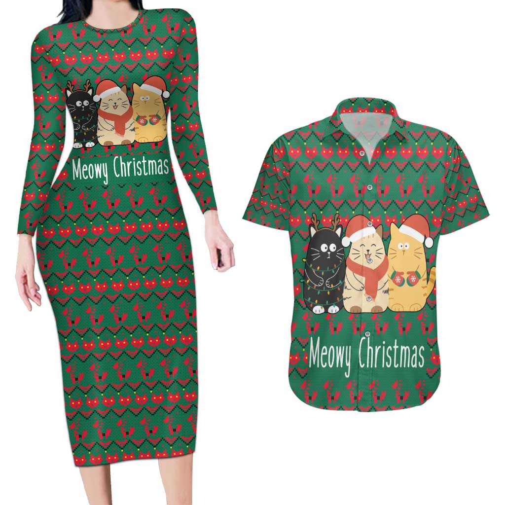 Cat Meowy Christmas Couples Matching Long Sleeve Bodycon Dress and Hawaiian Shirt Xmas Holiday Patterns - Wonder Print Shop