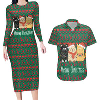 Cat Meowy Christmas Couples Matching Long Sleeve Bodycon Dress and Hawaiian Shirt Xmas Holiday Patterns - Wonder Print Shop