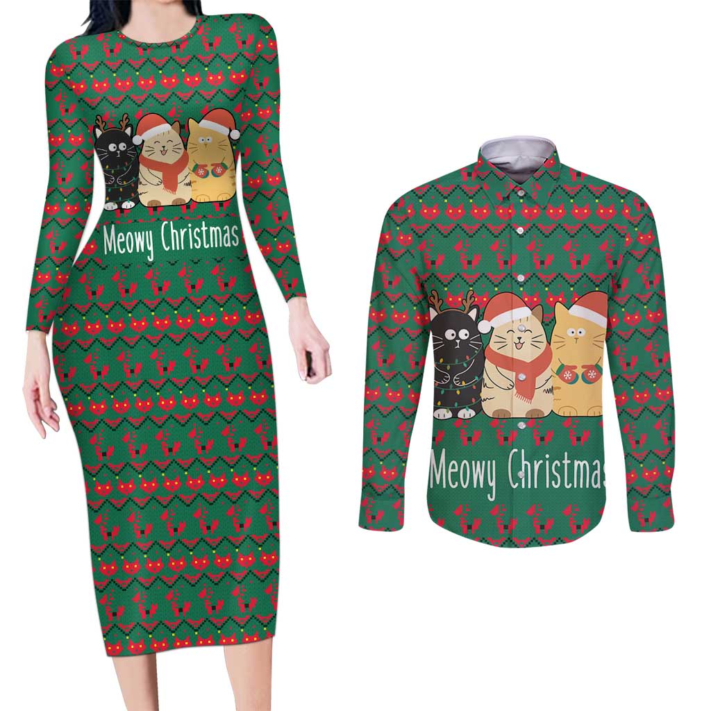 Cat Meowy Christmas Couples Matching Long Sleeve Bodycon Dress and Long Sleeve Button Shirt Xmas Holiday Patterns - Wonder Print Shop