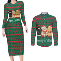 Cat Meowy Christmas Couples Matching Long Sleeve Bodycon Dress and Long Sleeve Button Shirt Xmas Holiday Patterns - Wonder Print Shop