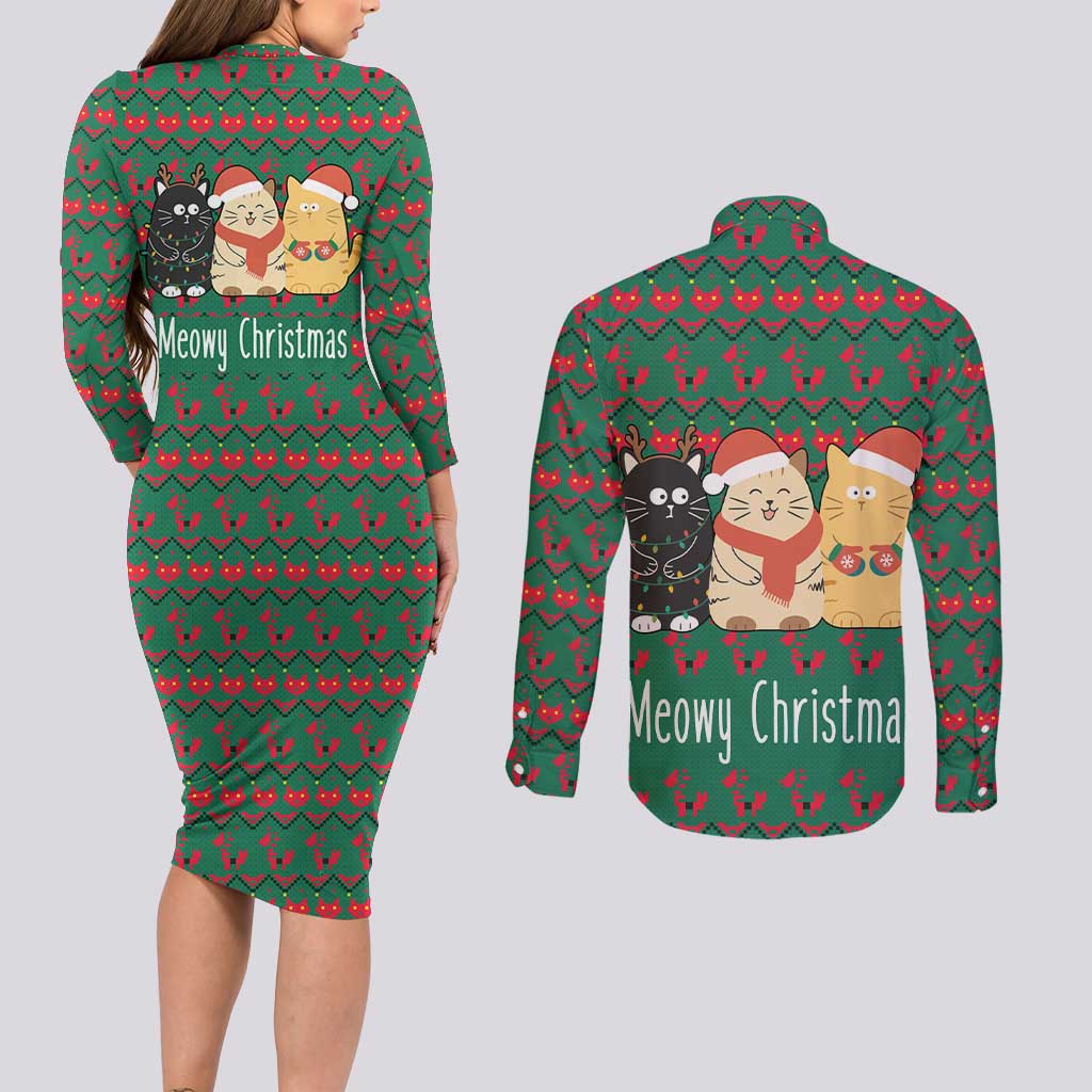 Cat Meowy Christmas Couples Matching Long Sleeve Bodycon Dress and Long Sleeve Button Shirt Xmas Holiday Patterns - Wonder Print Shop