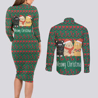 Cat Meowy Christmas Couples Matching Long Sleeve Bodycon Dress and Long Sleeve Button Shirt Xmas Holiday Patterns - Wonder Print Shop
