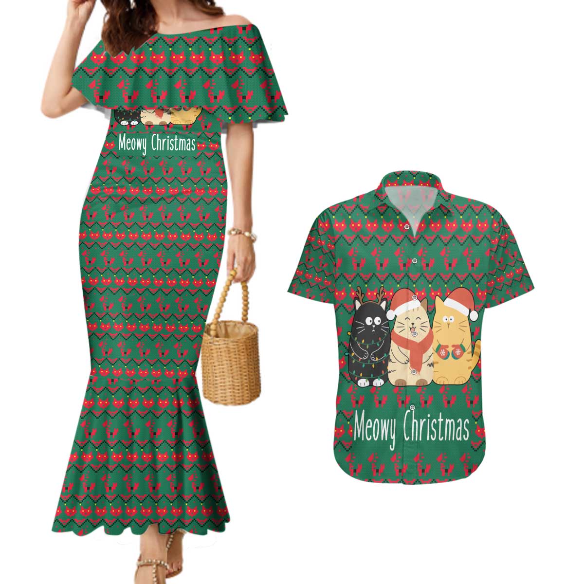 Cat Meowy Christmas Couples Matching Mermaid Dress and Hawaiian Shirt Xmas Holiday Patterns - Wonder Print Shop