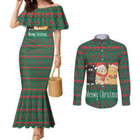 Cat Meowy Christmas Couples Matching Mermaid Dress and Long Sleeve Button Shirt Xmas Holiday Patterns - Wonder Print Shop