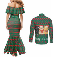 Cat Meowy Christmas Couples Matching Mermaid Dress and Long Sleeve Button Shirt Xmas Holiday Patterns - Wonder Print Shop