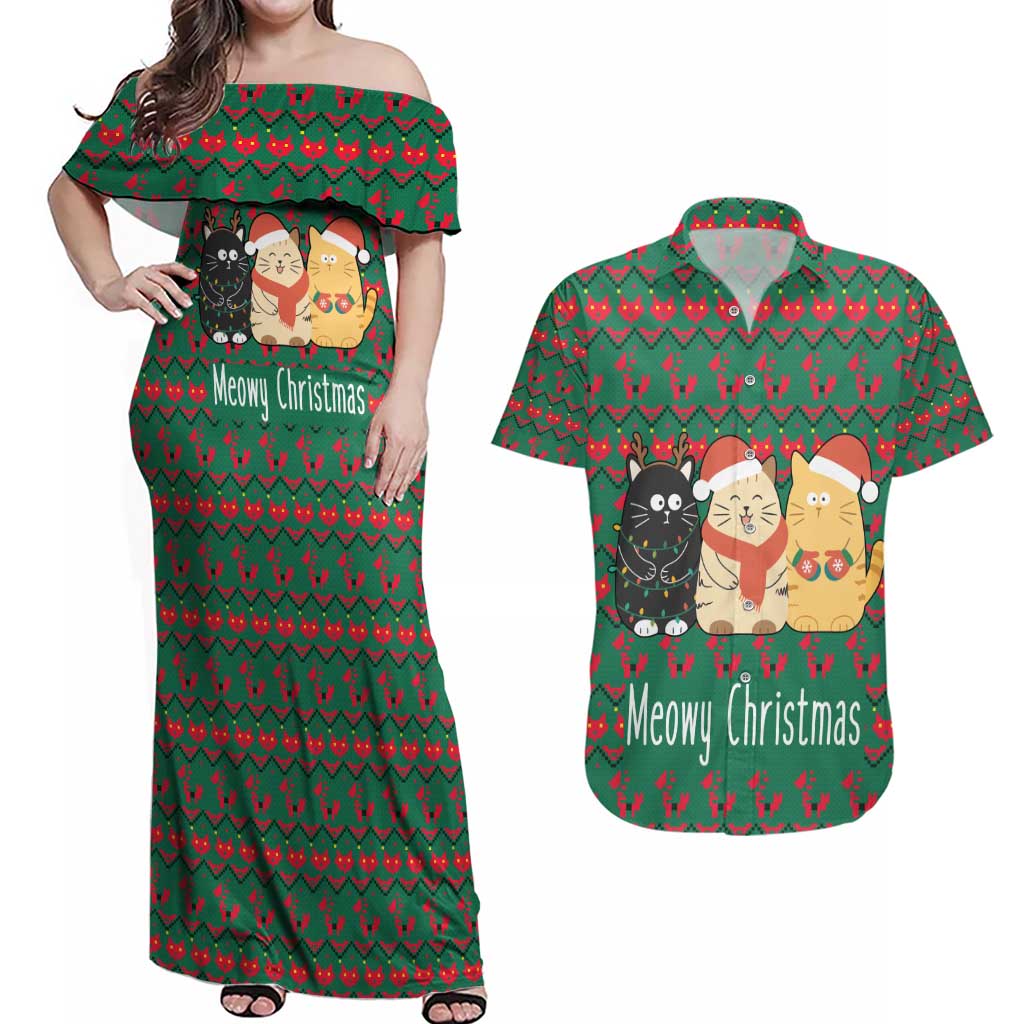 Cat Meowy Christmas Couples Matching Off Shoulder Maxi Dress and Hawaiian Shirt Xmas Holiday Patterns - Wonder Print Shop