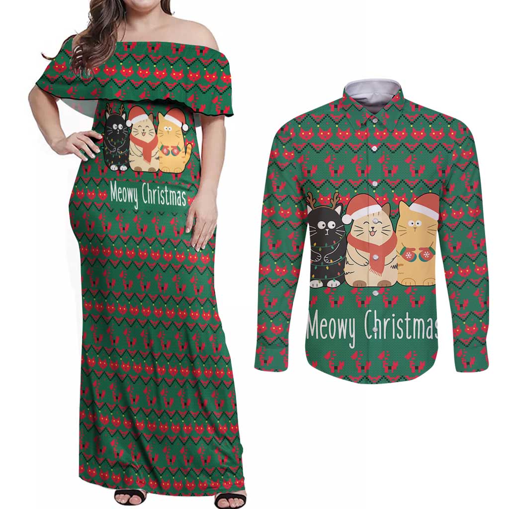 Cat Meowy Christmas Couples Matching Off Shoulder Maxi Dress and Long Sleeve Button Shirt Xmas Holiday Patterns - Wonder Print Shop