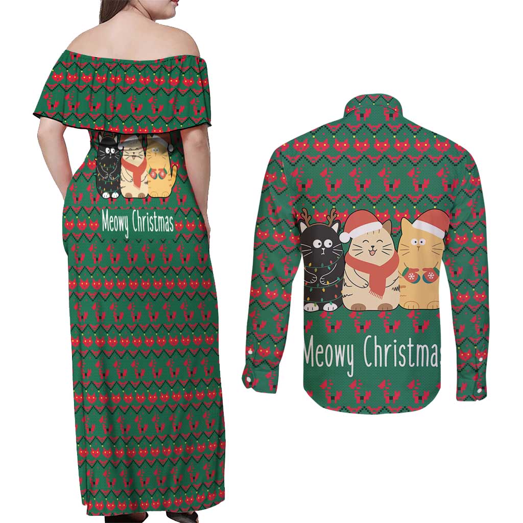 Cat Meowy Christmas Couples Matching Off Shoulder Maxi Dress and Long Sleeve Button Shirt Xmas Holiday Patterns - Wonder Print Shop