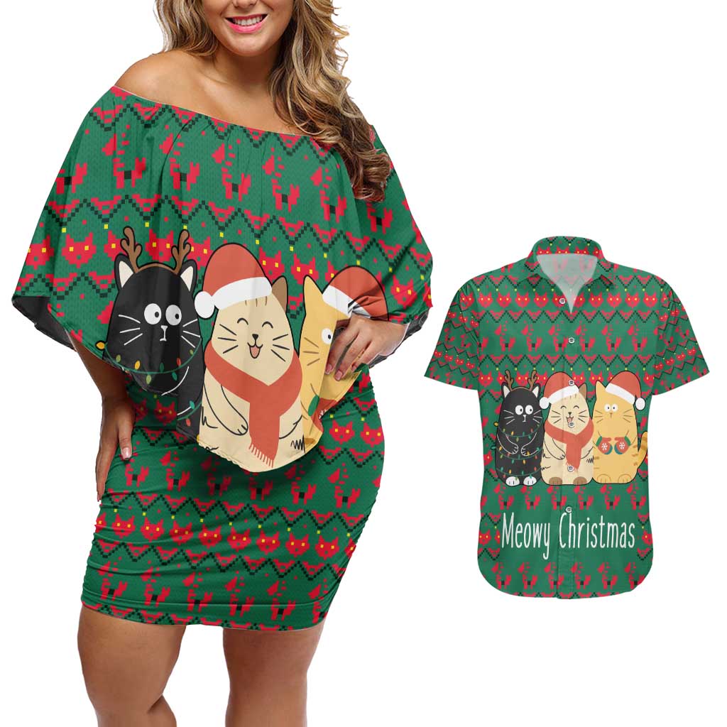 Cat Meowy Christmas Couples Matching Off Shoulder Short Dress and Hawaiian Shirt Xmas Holiday Patterns - Wonder Print Shop