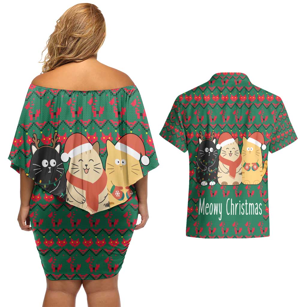Cat Meowy Christmas Couples Matching Off Shoulder Short Dress and Hawaiian Shirt Xmas Holiday Patterns - Wonder Print Shop