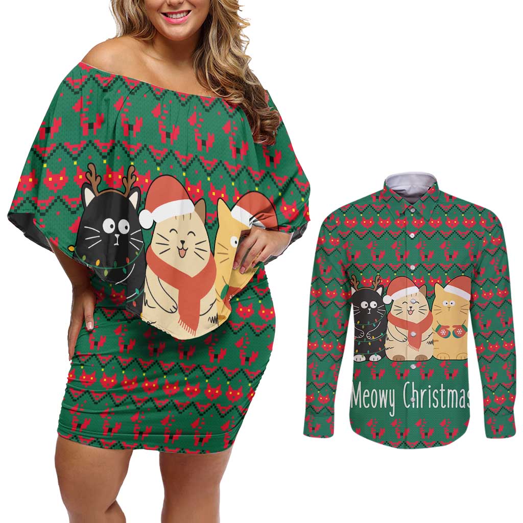 Cat Meowy Christmas Couples Matching Off Shoulder Short Dress and Long Sleeve Button Shirt Xmas Holiday Patterns - Wonder Print Shop
