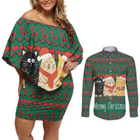 Cat Meowy Christmas Couples Matching Off Shoulder Short Dress and Long Sleeve Button Shirt Xmas Holiday Patterns - Wonder Print Shop