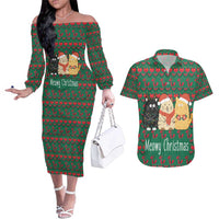 Cat Meowy Christmas Couples Matching Off The Shoulder Long Sleeve Dress and Hawaiian Shirt Xmas Holiday Patterns - Wonder Print Shop