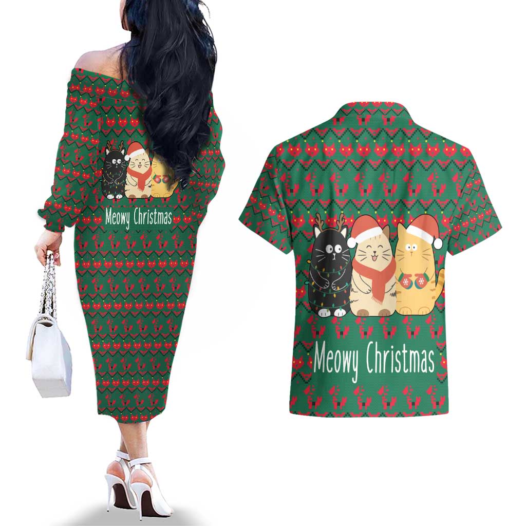 Cat Meowy Christmas Couples Matching Off The Shoulder Long Sleeve Dress and Hawaiian Shirt Xmas Holiday Patterns - Wonder Print Shop