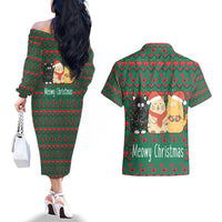 Cat Meowy Christmas Couples Matching Off The Shoulder Long Sleeve Dress and Hawaiian Shirt Xmas Holiday Patterns - Wonder Print Shop