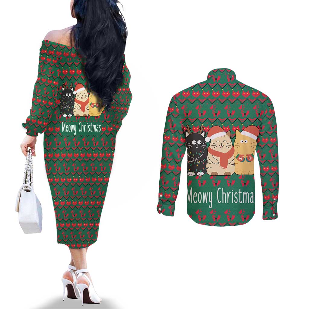 Cat Meowy Christmas Couples Matching Off The Shoulder Long Sleeve Dress and Long Sleeve Button Shirt Xmas Holiday Patterns - Wonder Print Shop