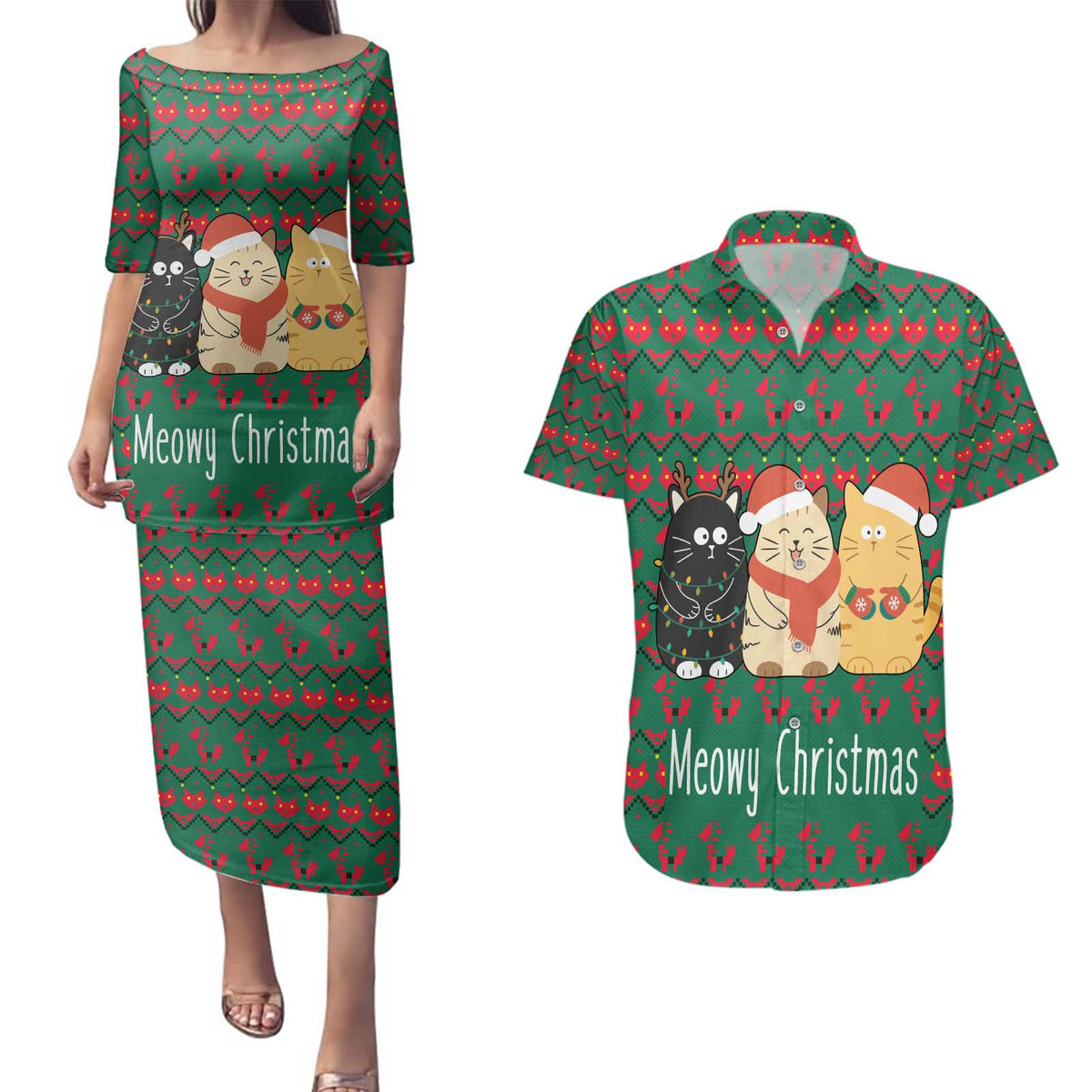 Cat Meowy Christmas Couples Matching Puletasi and Hawaiian Shirt Xmas Holiday Patterns - Wonder Print Shop