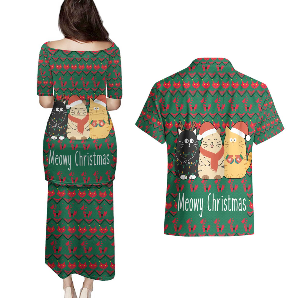 Cat Meowy Christmas Couples Matching Puletasi and Hawaiian Shirt Xmas Holiday Patterns - Wonder Print Shop