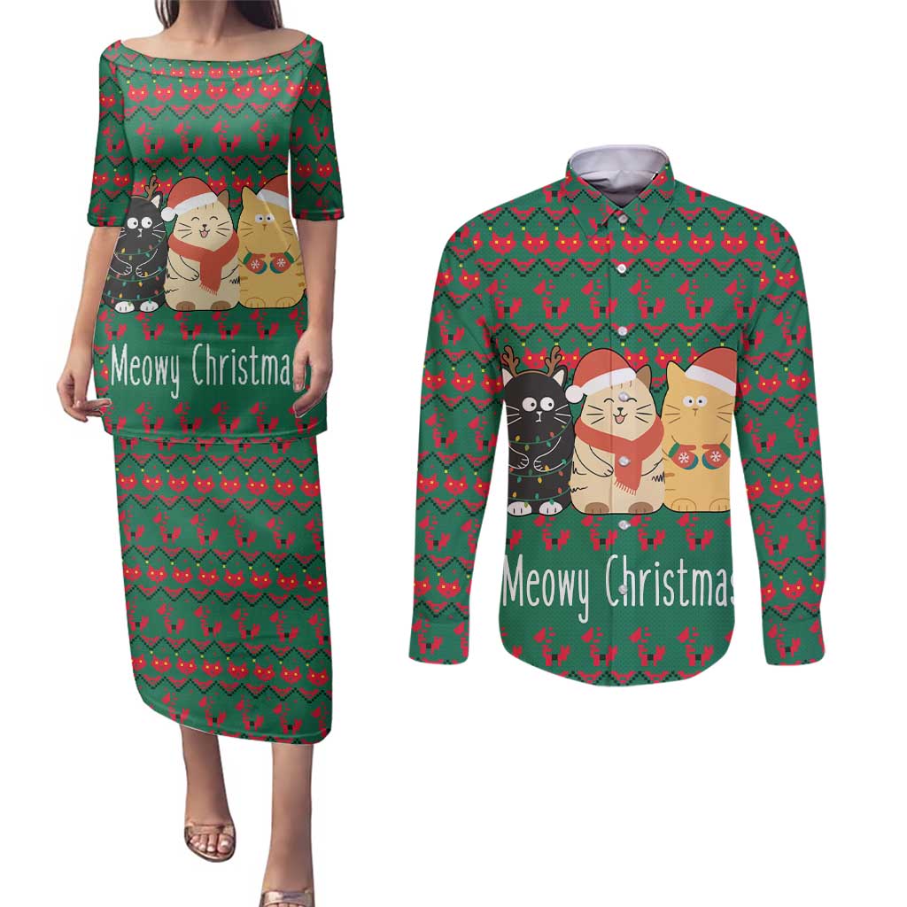 Cat Meowy Christmas Couples Matching Puletasi and Long Sleeve Button Shirt Xmas Holiday Patterns - Wonder Print Shop