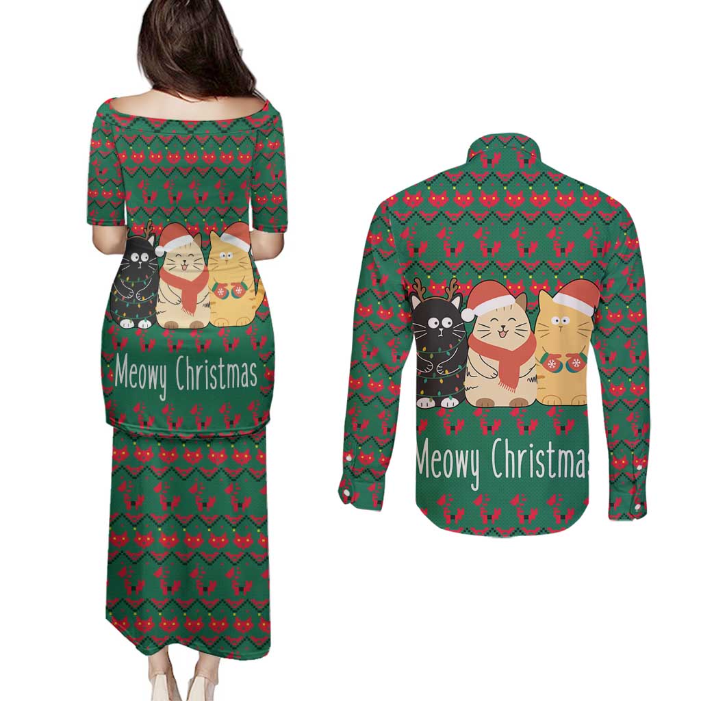 Cat Meowy Christmas Couples Matching Puletasi and Long Sleeve Button Shirt Xmas Holiday Patterns - Wonder Print Shop