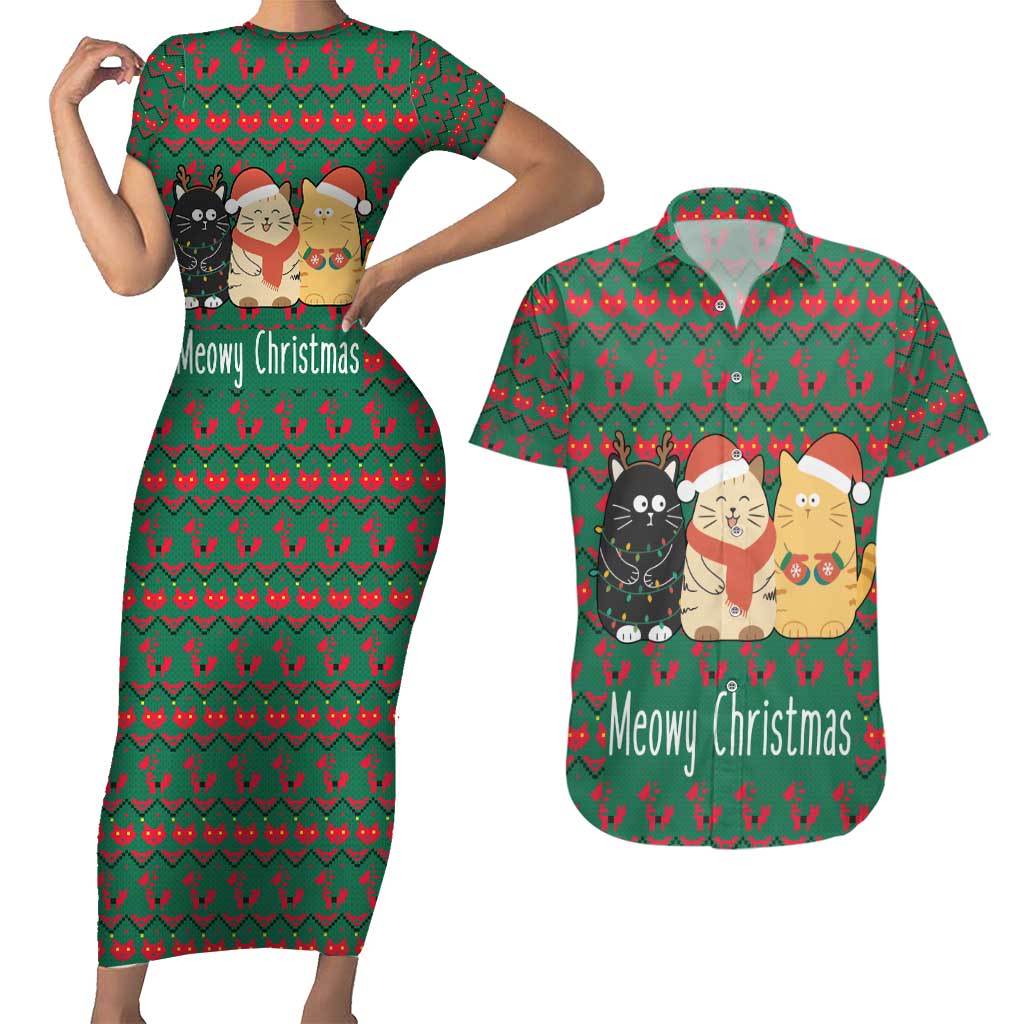 Cat Meowy Christmas Couples Matching Short Sleeve Bodycon Dress and Hawaiian Shirt Xmas Holiday Patterns - Wonder Print Shop