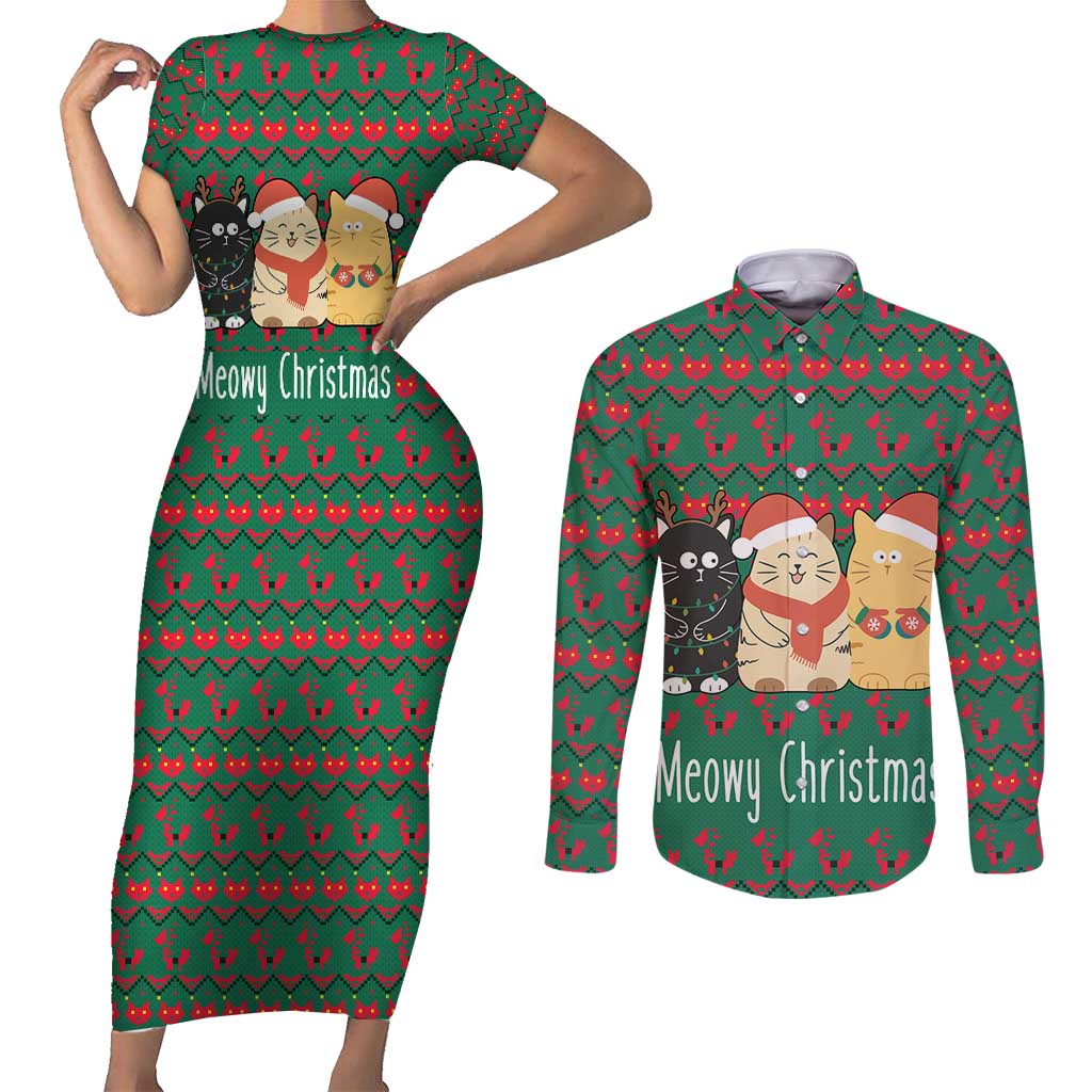 Cat Meowy Christmas Couples Matching Short Sleeve Bodycon Dress and Long Sleeve Button Shirt Xmas Holiday Patterns - Wonder Print Shop