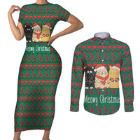 Cat Meowy Christmas Couples Matching Short Sleeve Bodycon Dress and Long Sleeve Button Shirt Xmas Holiday Patterns - Wonder Print Shop