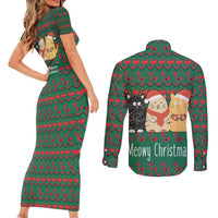 Cat Meowy Christmas Couples Matching Short Sleeve Bodycon Dress and Long Sleeve Button Shirt Xmas Holiday Patterns - Wonder Print Shop