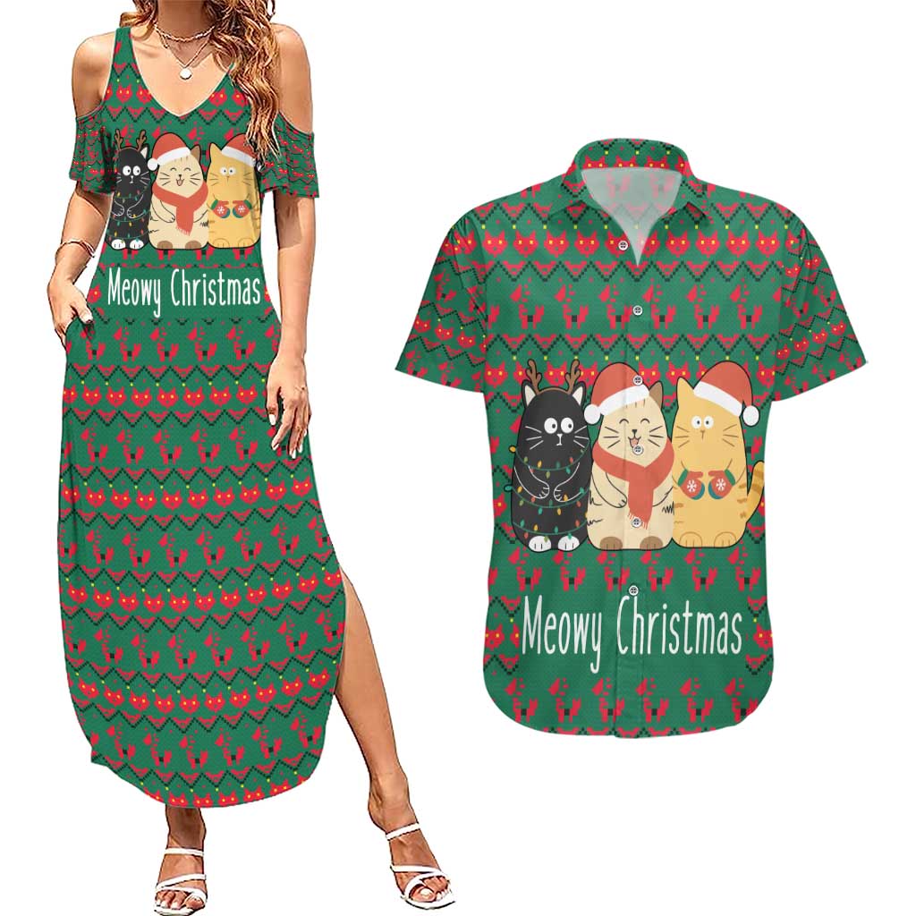 Cat Meowy Christmas Couples Matching Summer Maxi Dress and Hawaiian Shirt Xmas Holiday Patterns - Wonder Print Shop