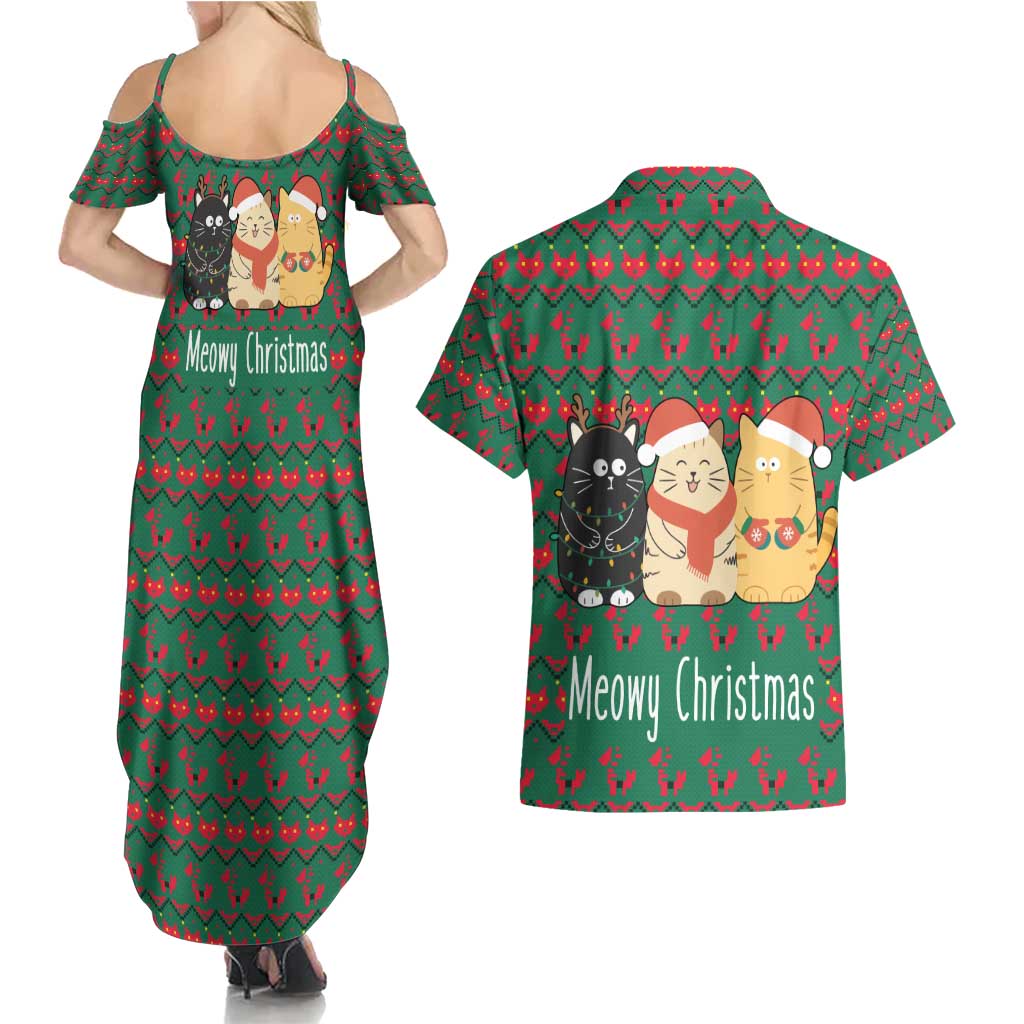 Cat Meowy Christmas Couples Matching Summer Maxi Dress and Hawaiian Shirt Xmas Holiday Patterns - Wonder Print Shop