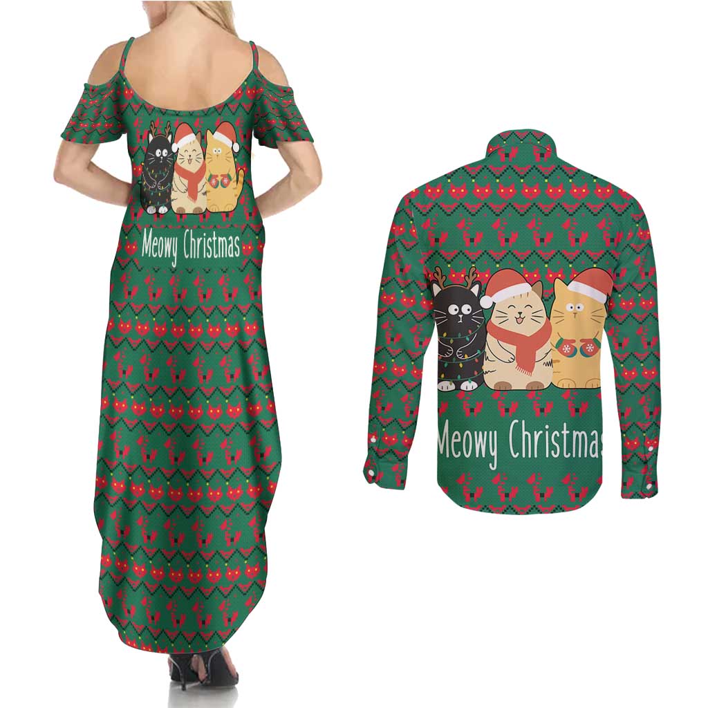 Cat Meowy Christmas Couples Matching Summer Maxi Dress and Long Sleeve Button Shirt Xmas Holiday Patterns - Wonder Print Shop