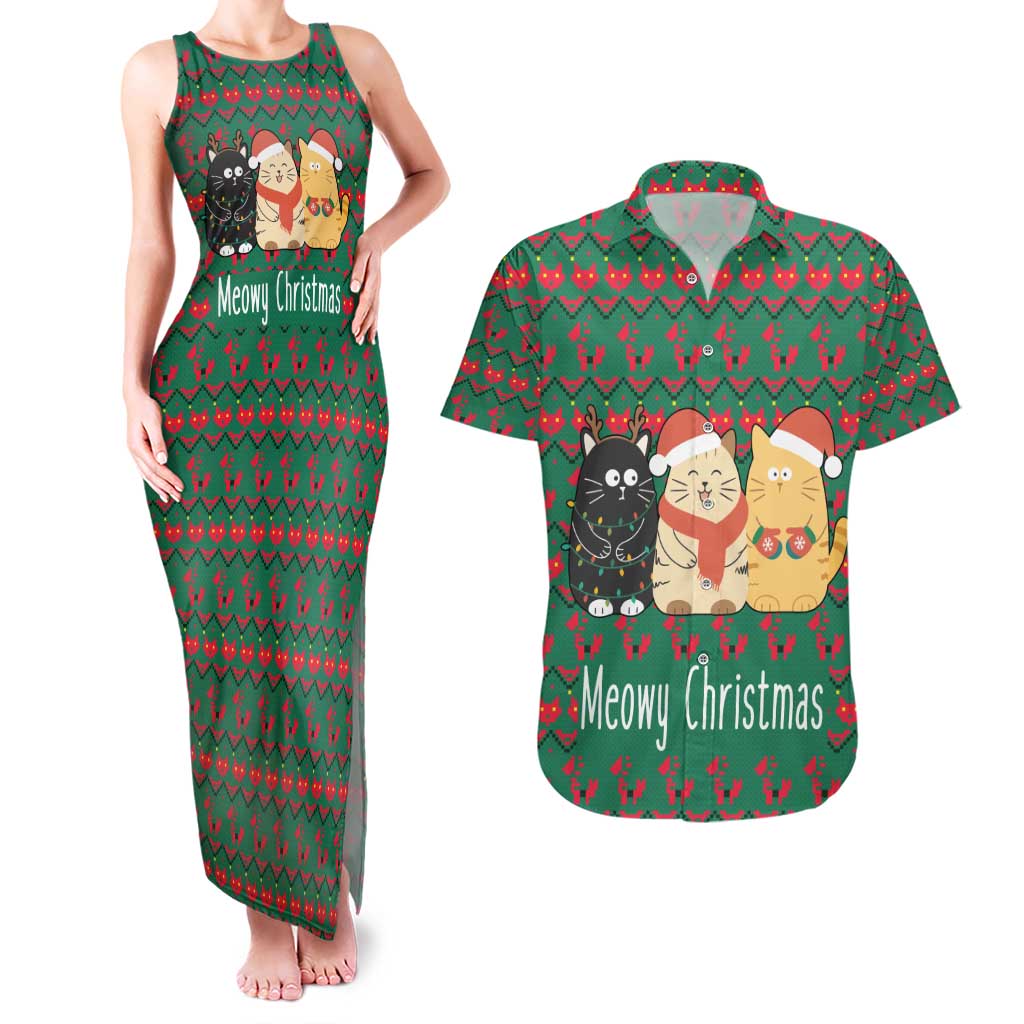 Cat Meowy Christmas Couples Matching Tank Maxi Dress and Hawaiian Shirt Xmas Holiday Patterns - Wonder Print Shop