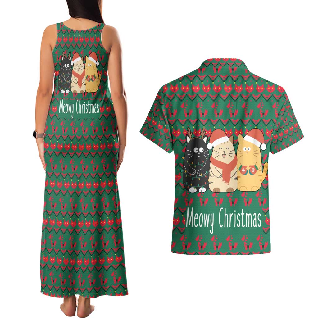 Cat Meowy Christmas Couples Matching Tank Maxi Dress and Hawaiian Shirt Xmas Holiday Patterns - Wonder Print Shop
