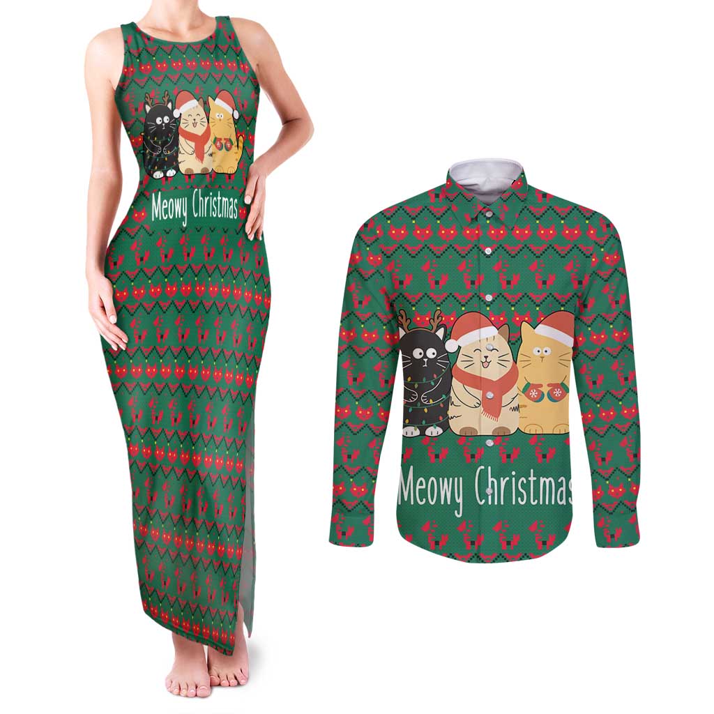 Cat Meowy Christmas Couples Matching Tank Maxi Dress and Long Sleeve Button Shirt Xmas Holiday Patterns - Wonder Print Shop