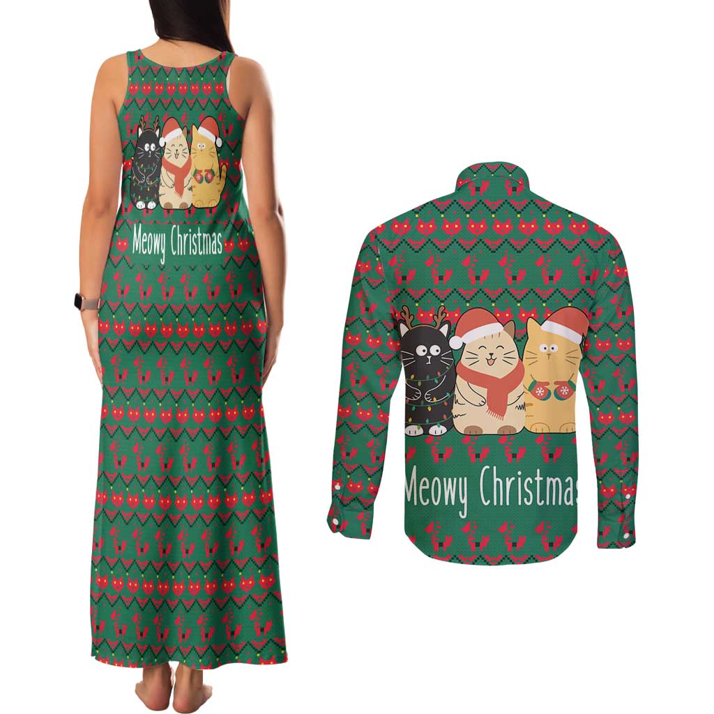 Cat Meowy Christmas Couples Matching Tank Maxi Dress and Long Sleeve Button Shirt Xmas Holiday Patterns - Wonder Print Shop