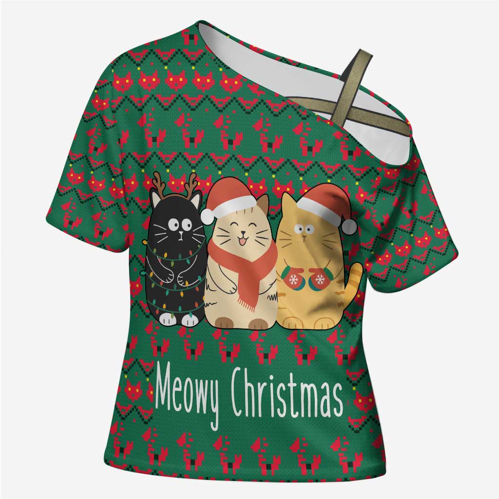 Cat Meowy Christmas Cross Shoulder Shirt Xmas Holiday Patterns - Wonder Print Shop