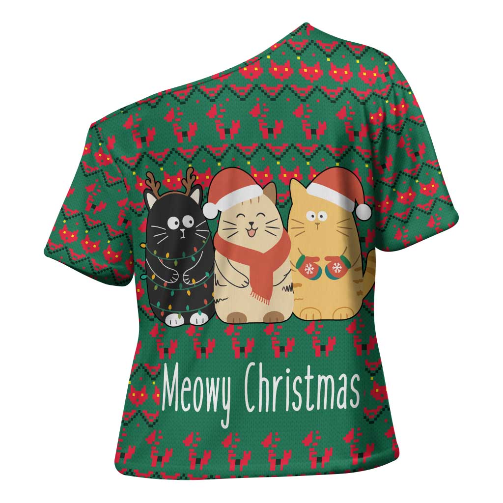 Cat Meowy Christmas Cross Shoulder Shirt Xmas Holiday Patterns - Wonder Print Shop