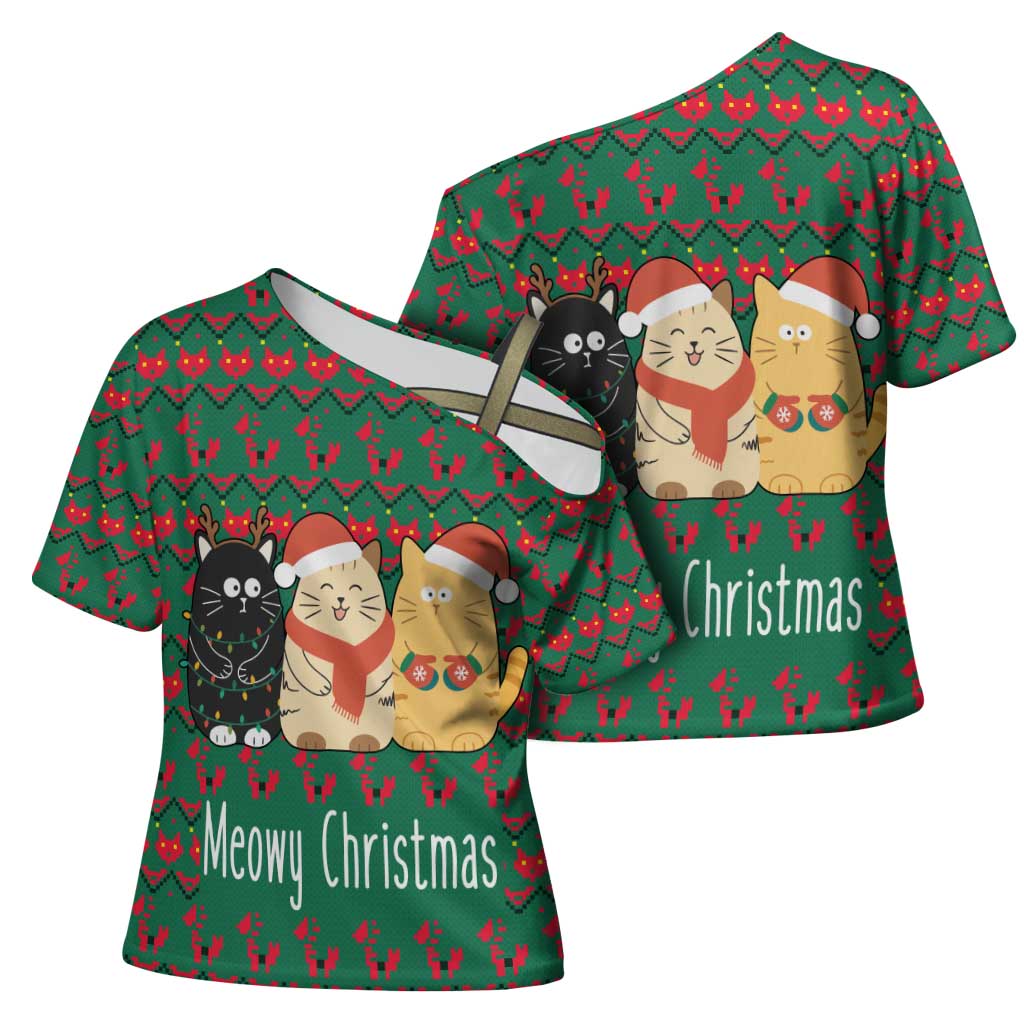 Cat Meowy Christmas Cross Shoulder Shirt Xmas Holiday Patterns - Wonder Print Shop