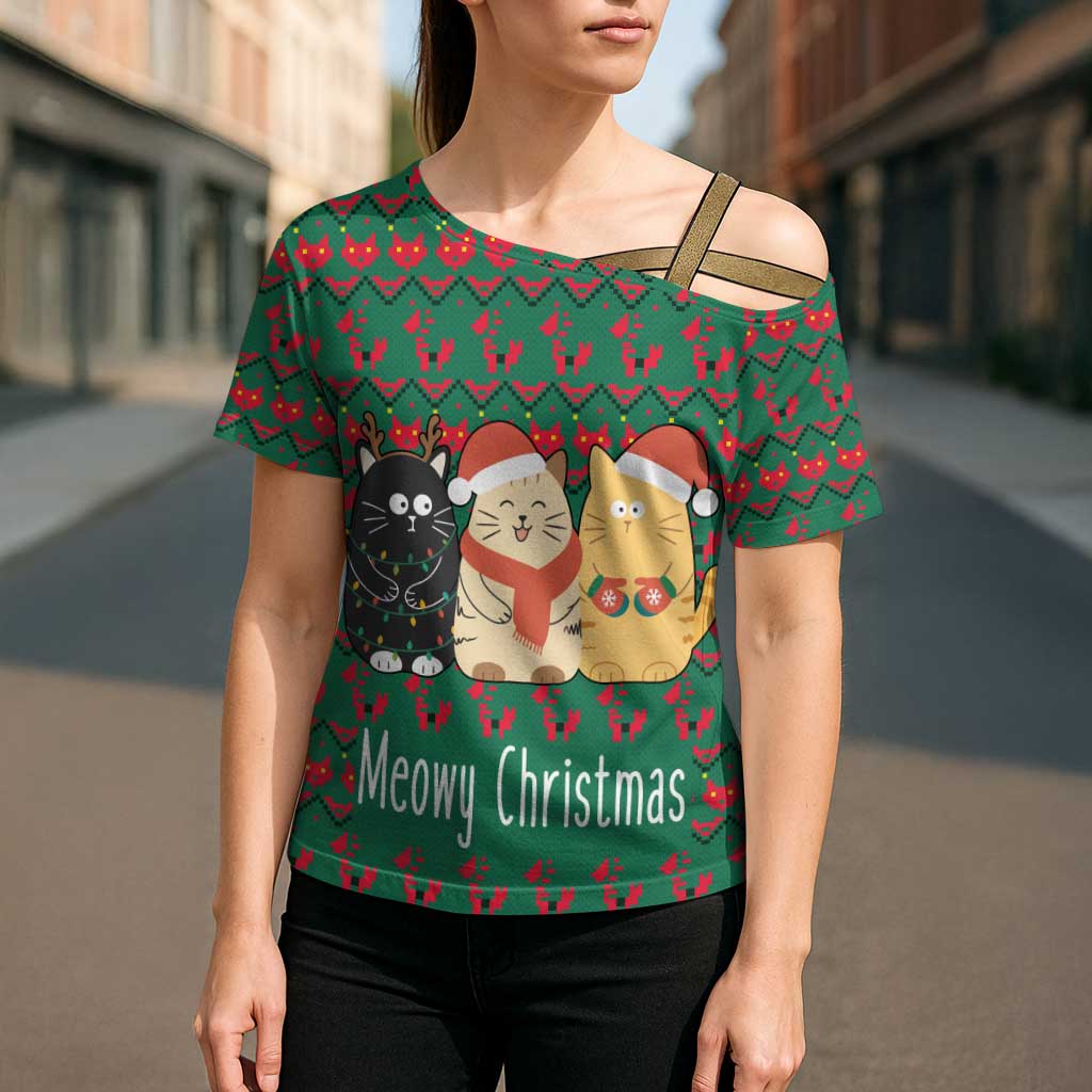 Cat Meowy Christmas Cross Shoulder Shirt Xmas Holiday Patterns - Wonder Print Shop