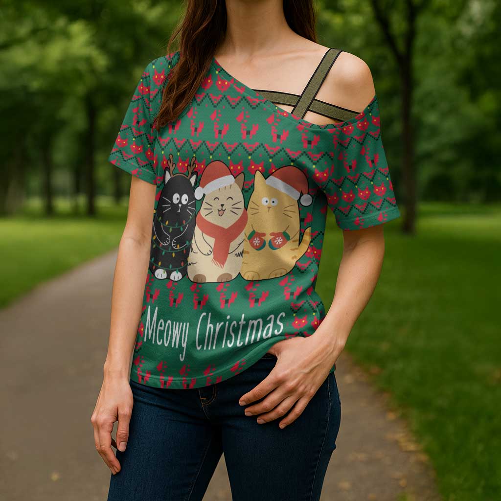 Cat Meowy Christmas Cross Shoulder Shirt Xmas Holiday Patterns - Wonder Print Shop