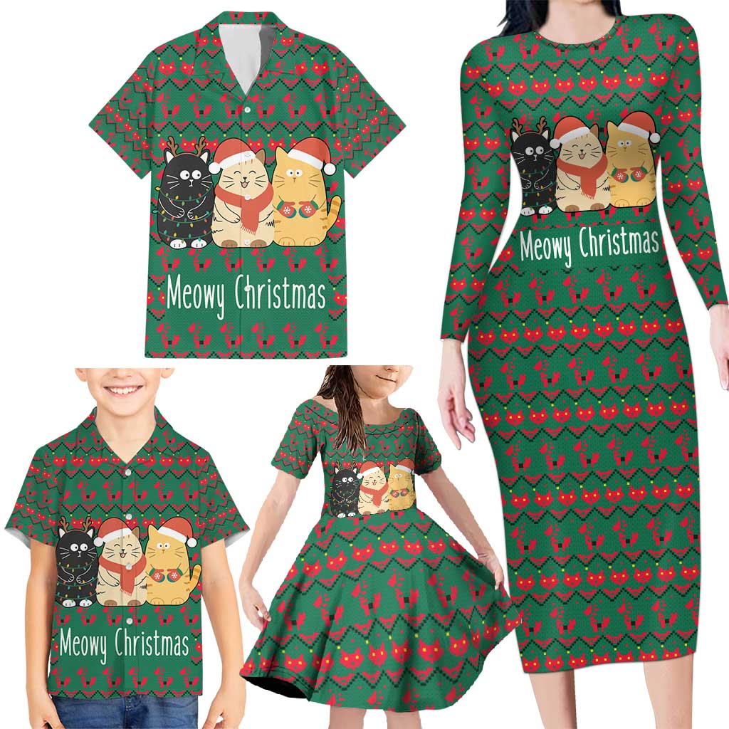 Cat Meowy Christmas Family Matching Long Sleeve Bodycon Dress and Hawaiian Shirt Xmas Holiday Patterns - Wonder Print Shop